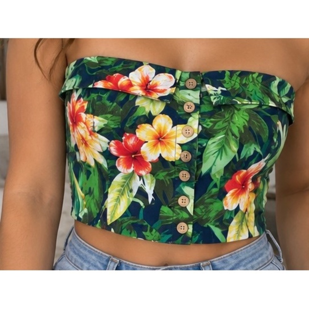 Tropical Floral Button Down Strapless Tube Top Smocked Back Tie Hem Green Size-S
